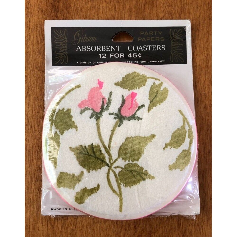 NEW VINTAGE Gibson Set of 12 Paper Coasters Floral Round Absorbent Party